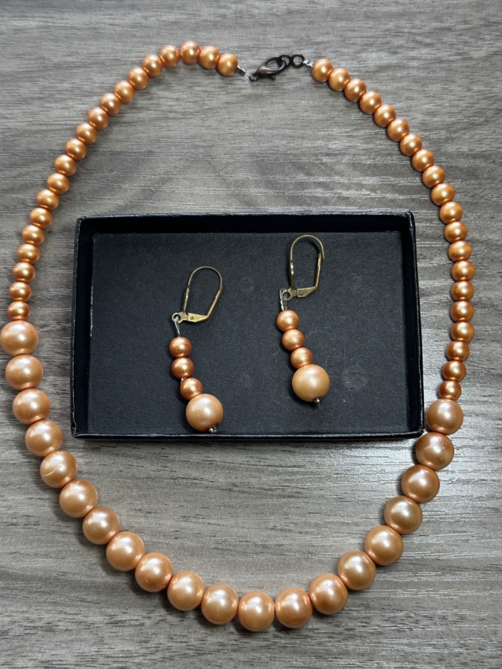 Classic Pearl Bead Necklace and Drop Earrings - Pinkish Gold-Tone
